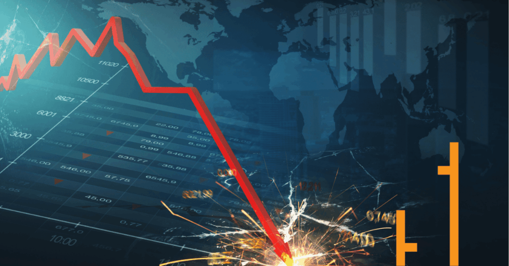 Global stock market crash concept showing a sharp red line plunging downward on financial charts over a world map background, symbolizing economic decline, market volatility, and financial crisis.